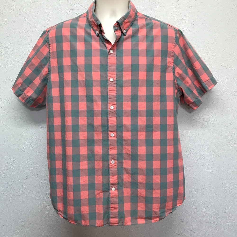 Rye By Hawker Rye Shirt Mens XL Coral Gray Plaid Button Down Short Sleeve Cotton